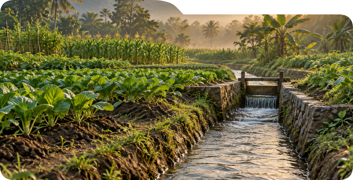 Foto ilustratif AI: aliran irigasi di kebun sayuran produktif.