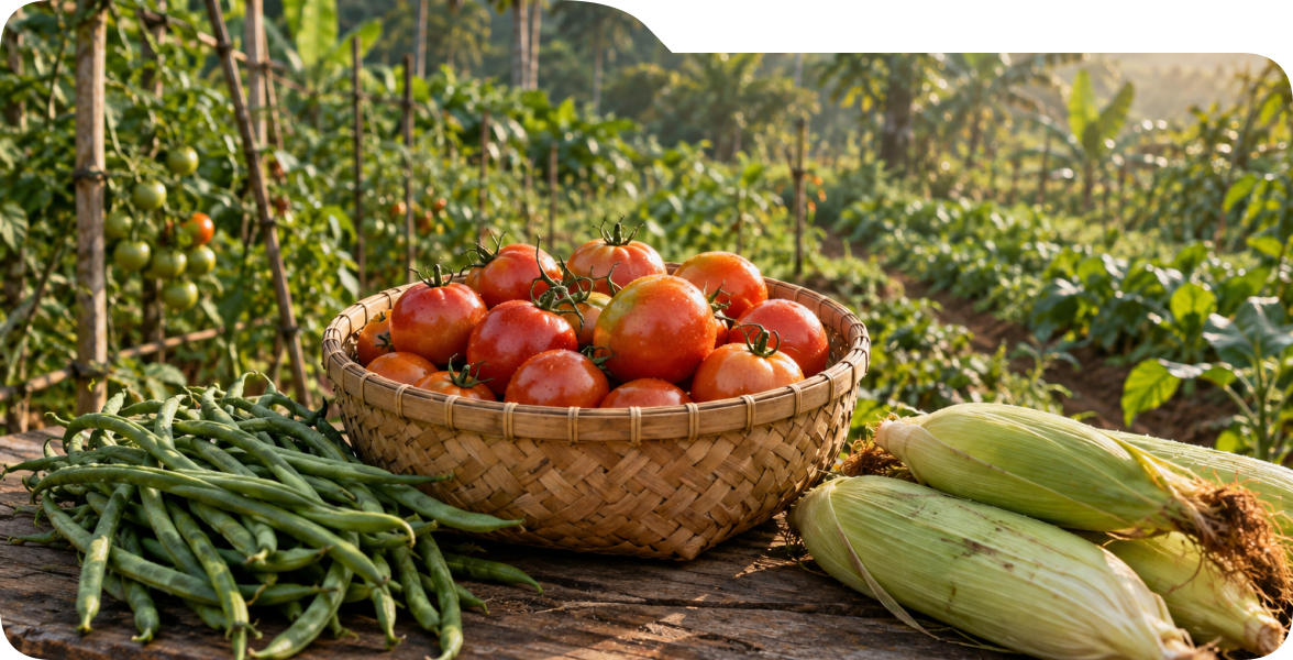 Foto ilustratif AI: hasil panen tomat, kacang panjang, dan jagung.