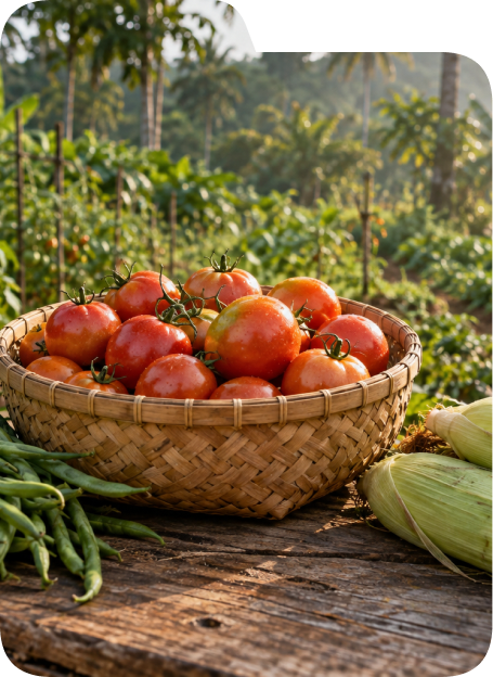 Foto ilustratif AI: keranjang tomat, kacang panjang, dan jagung segar.